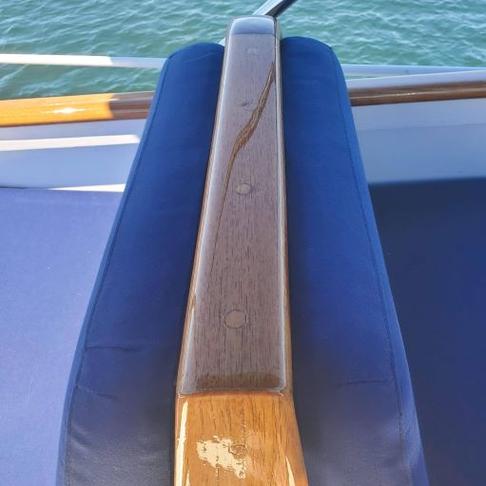 38' Grand Banks. Brightwork patches and repairs with 3 coats of Epifanes